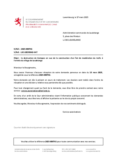 Destruction de biotopes en vue de la construction d’un îlot de modération du trafic à l’entrée du village de Leudelange