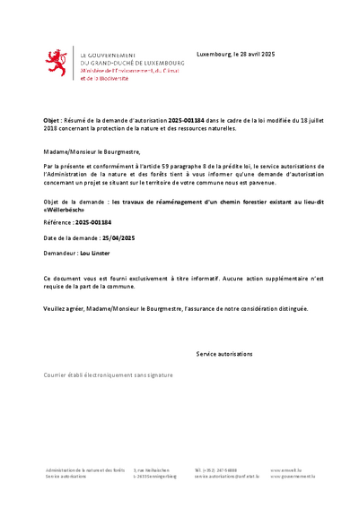 Travaux de réaménagement d’un chemin forestier existant au lieu-dit «Wëllerbësch» / demande