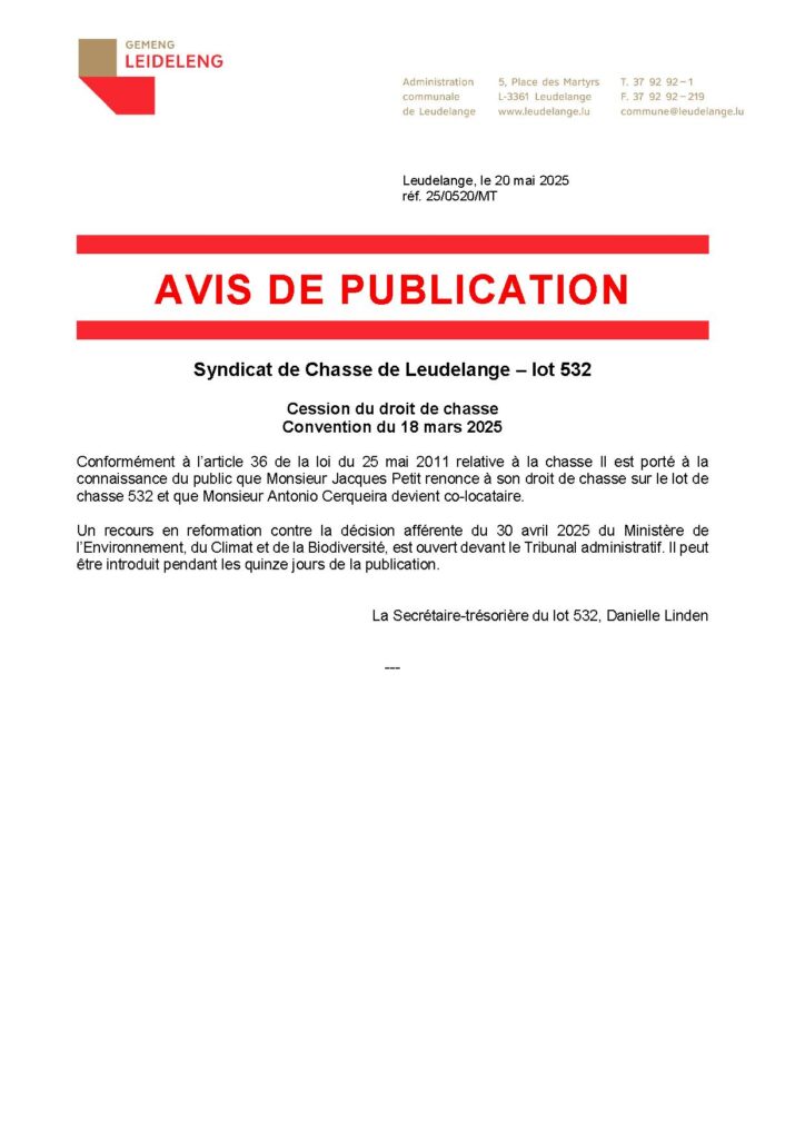 Avis changement locataire de chasse