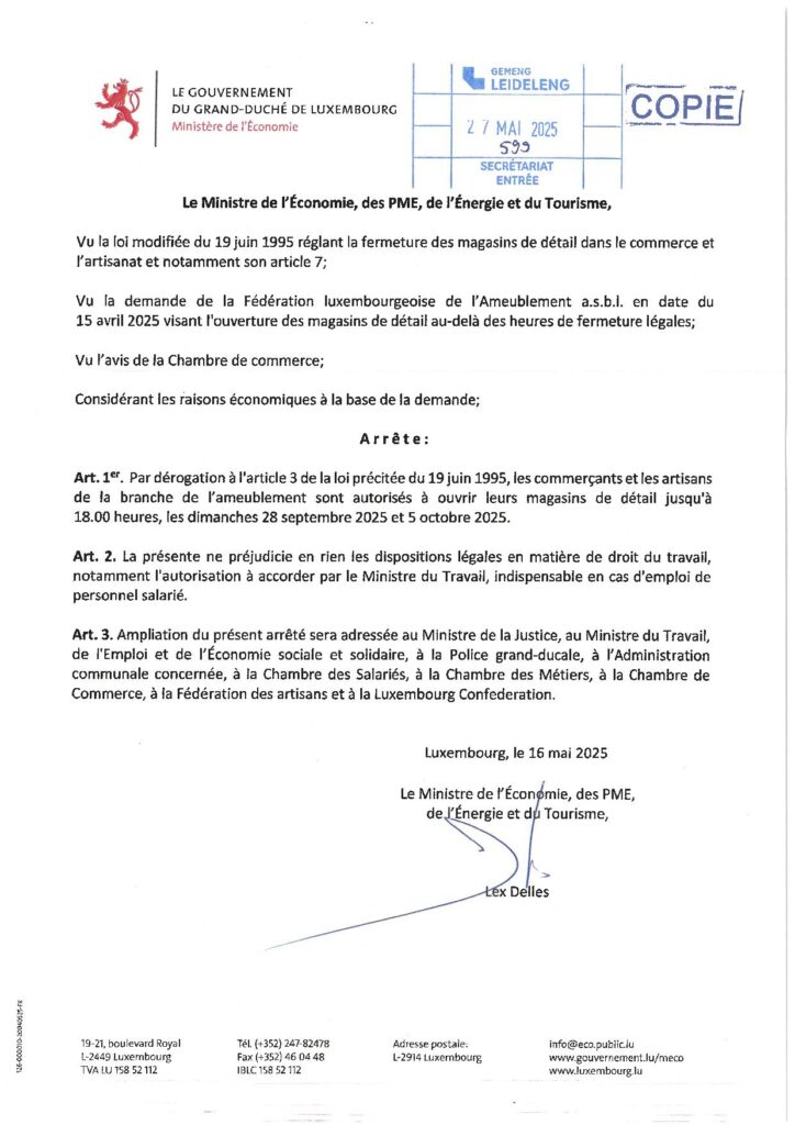 Demande dérogation heures ouverture