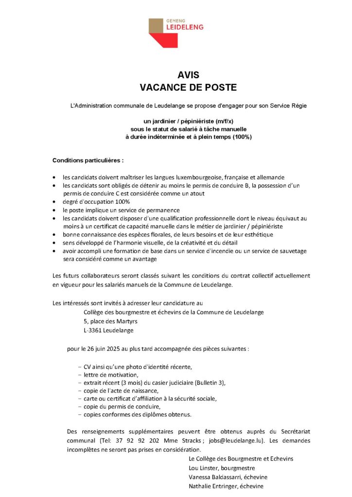 Vacance de poste / jardinier / pépiniériste (m/f/x)