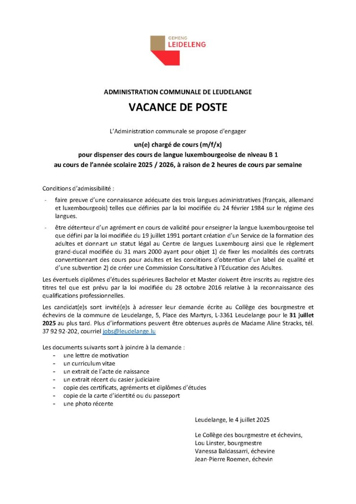 Vacance de poste / Chargé de cours en langue luxembourgeoise