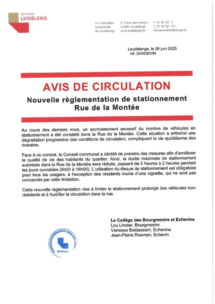 Nouvelle règlementation de stationnement Rue de la Montée