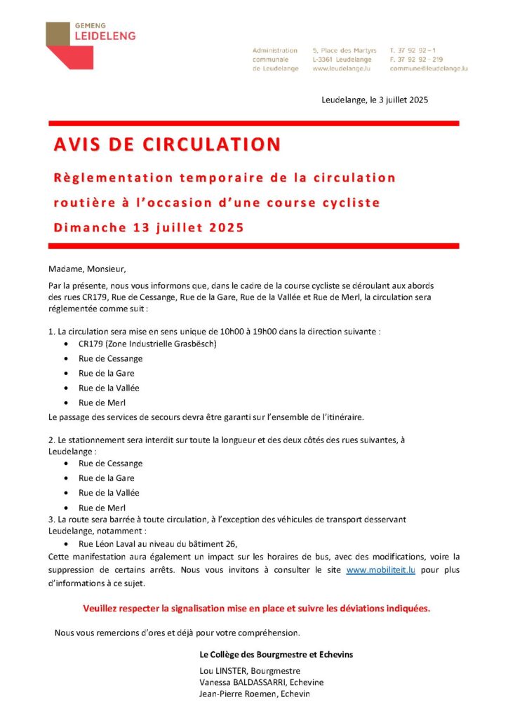 Avis de circulation / Course cycliste Festival Skoda