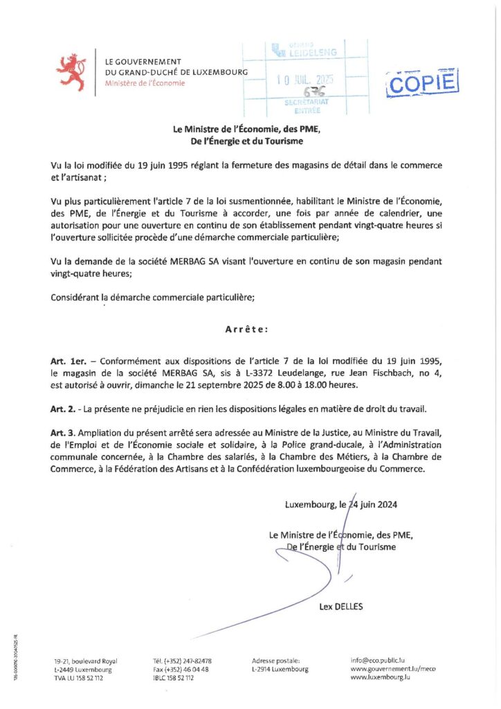 Dérogation heures d’ouverture