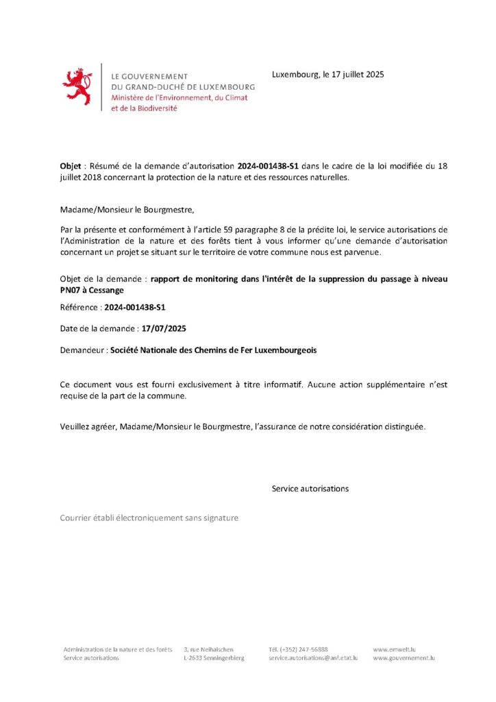 Rapport de monitoring dans l’intérêt de la suppression du passage à niveau PN07 à Cessange