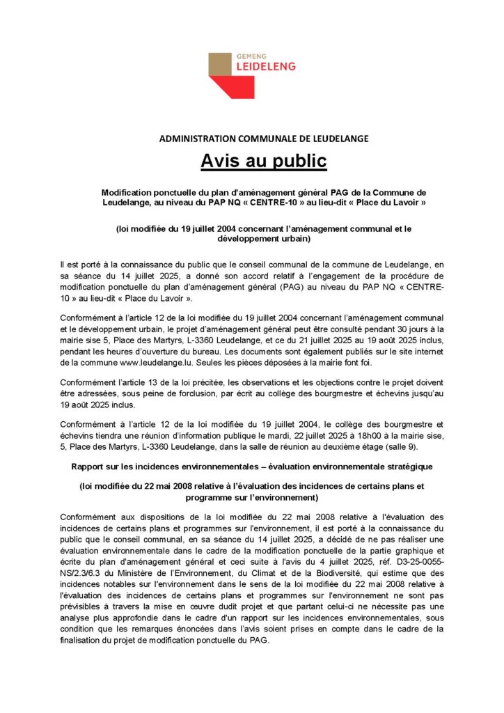 Avis au public / MOPO PAG de la Commune de Leudelange, au niveau du PAP NQ « CENTRE-10 » au lieu-dit « Place du Lavoir »
