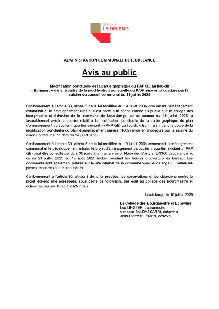 Avis au public / MOPO de la partie graphique du PAP QE au lieu-dit « Bommert »