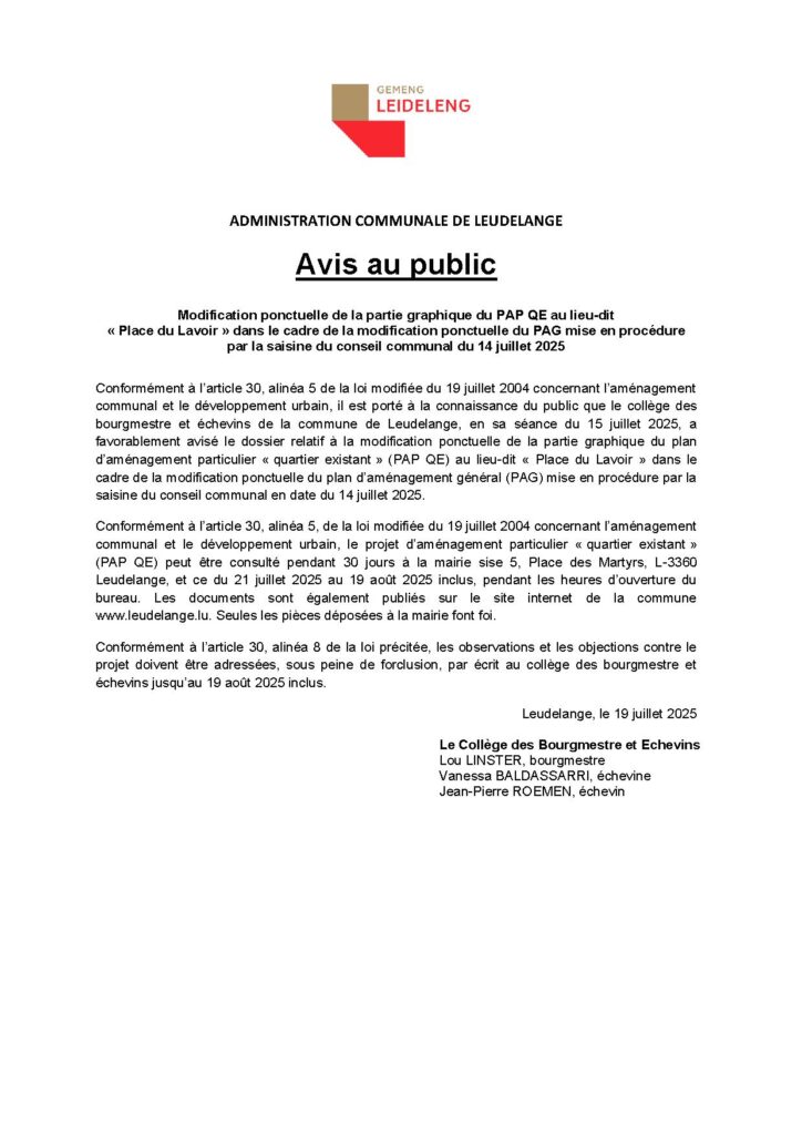 Avis au public / Modification ponctuelle de la partie graphique du PAP QE au lieu-dit « Place du Lavoir »