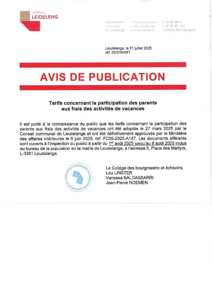 Tarifs concernant la participation des parents aux frais des activités de vacances