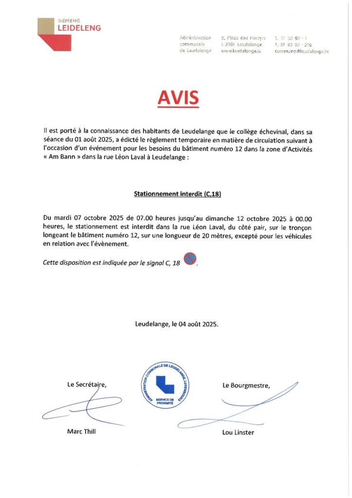 Rue Léon Laval interdiction de stationnement