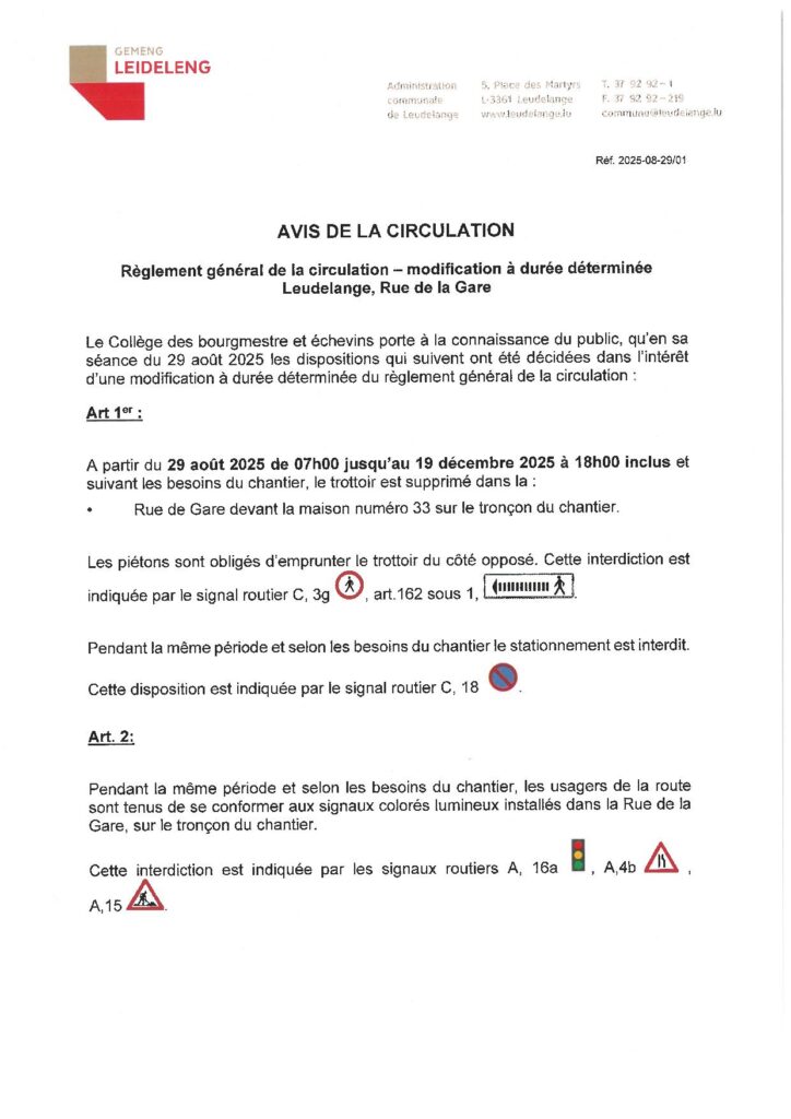 Avis de circulation – Rue de la Gare