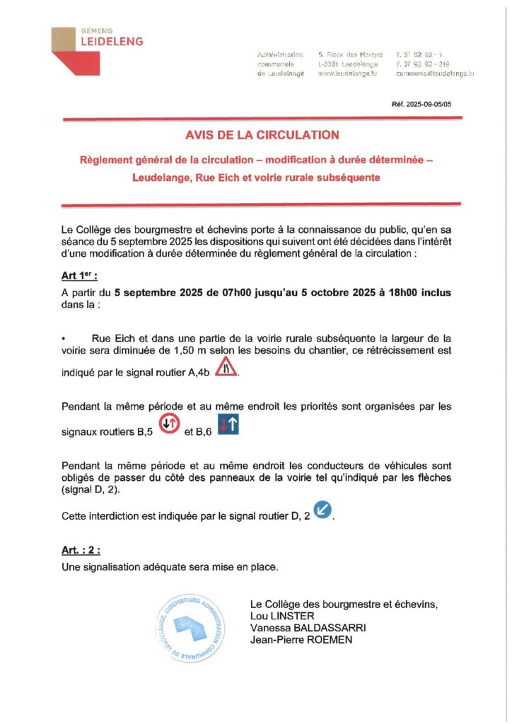 Avis de circulation Rue Eich