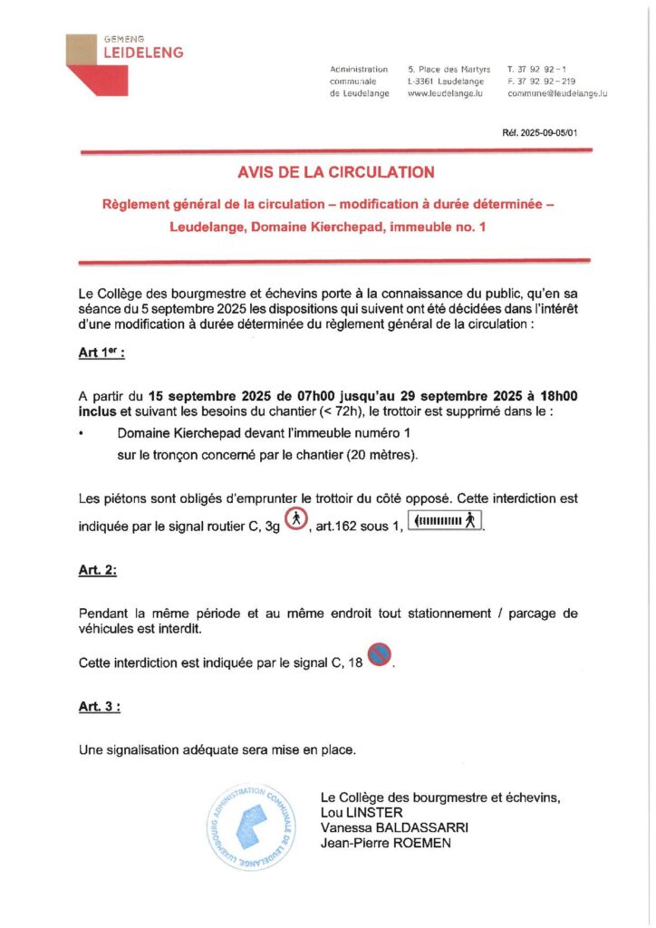 Avis de circulation Domaine Kierchepad
