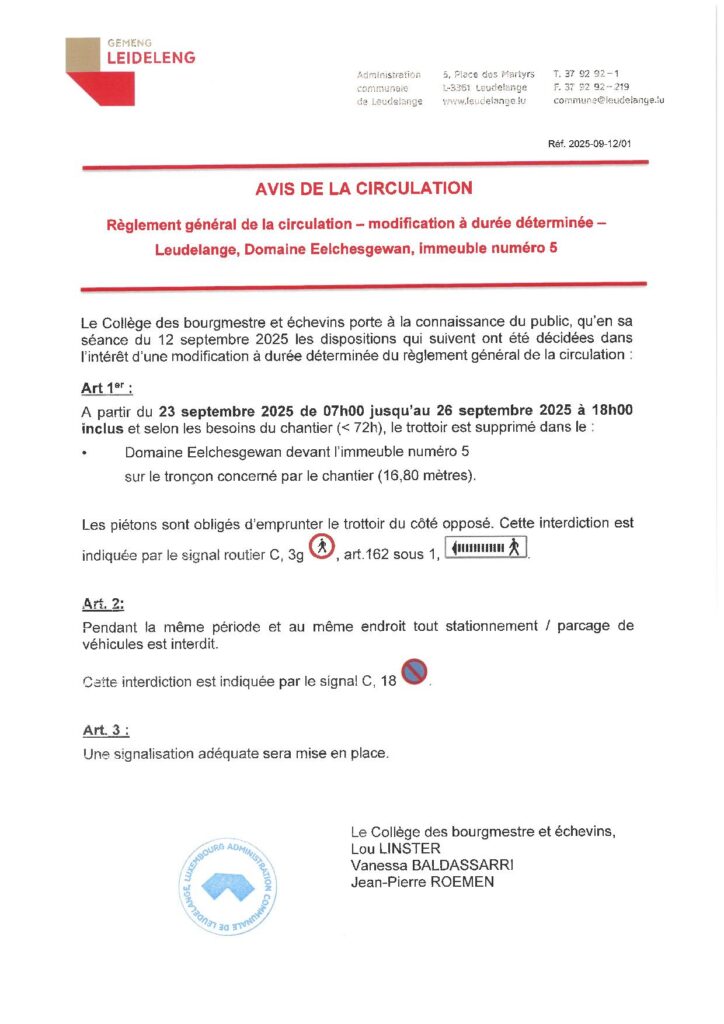 Avis de circulation – Domaine Eelchesgewan