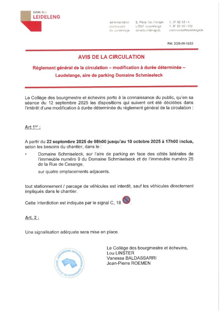 Avis de circulation – Domaine Schmiseleck