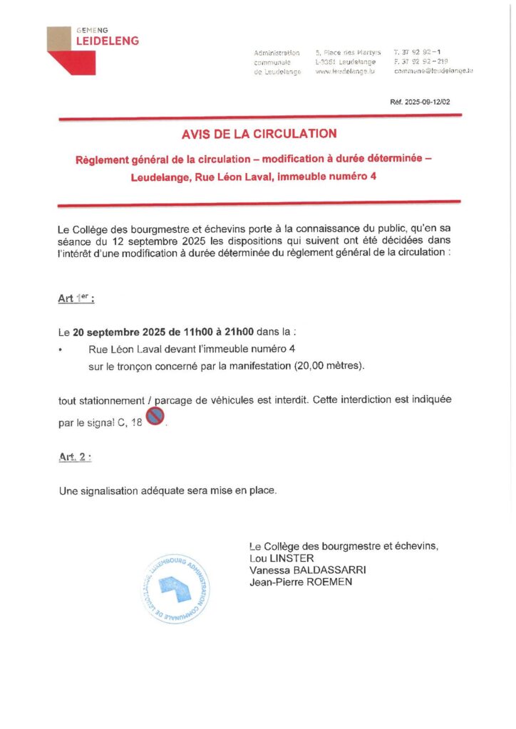 Avis de circulation – Rue Léon Laval