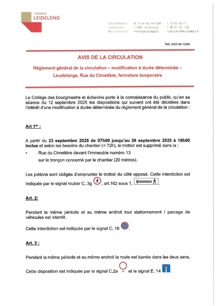 Avis de circulation – Rue Cimetière