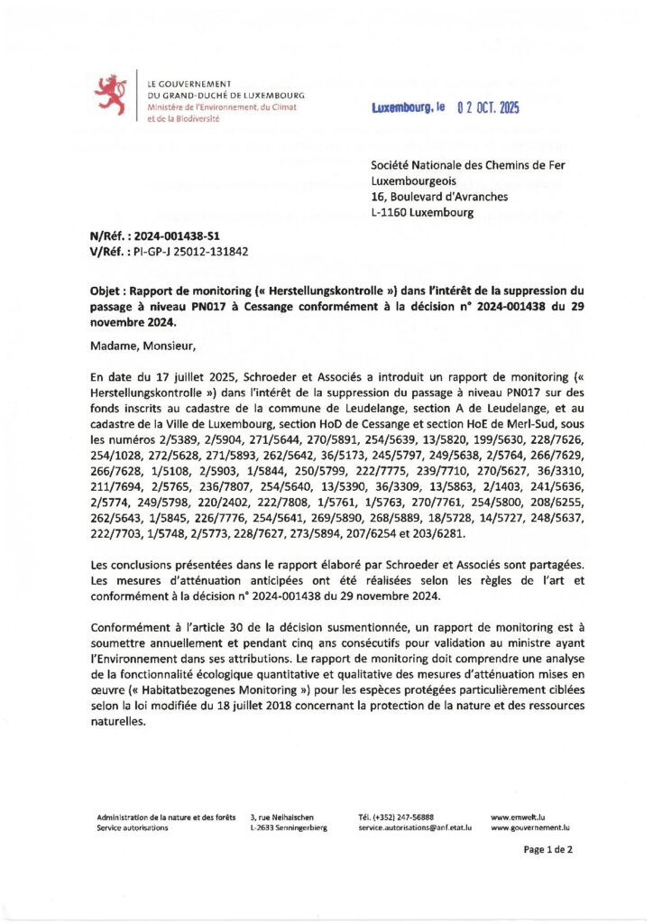 Rapport Monitoring / Suppression du passage à niveau PN017 Cessange