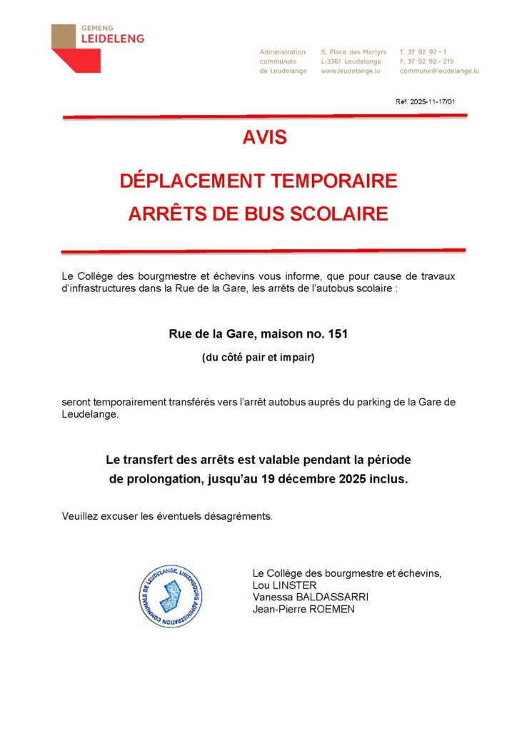 Déplacement temporaire des arrêts de bus scolaire – Rue de la Gare
