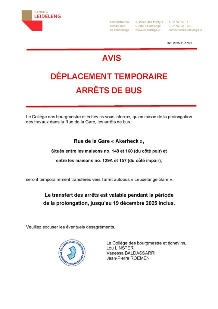 Déplacement temporaire des arrêts de bus – Rue de la Gare « Akerheck »