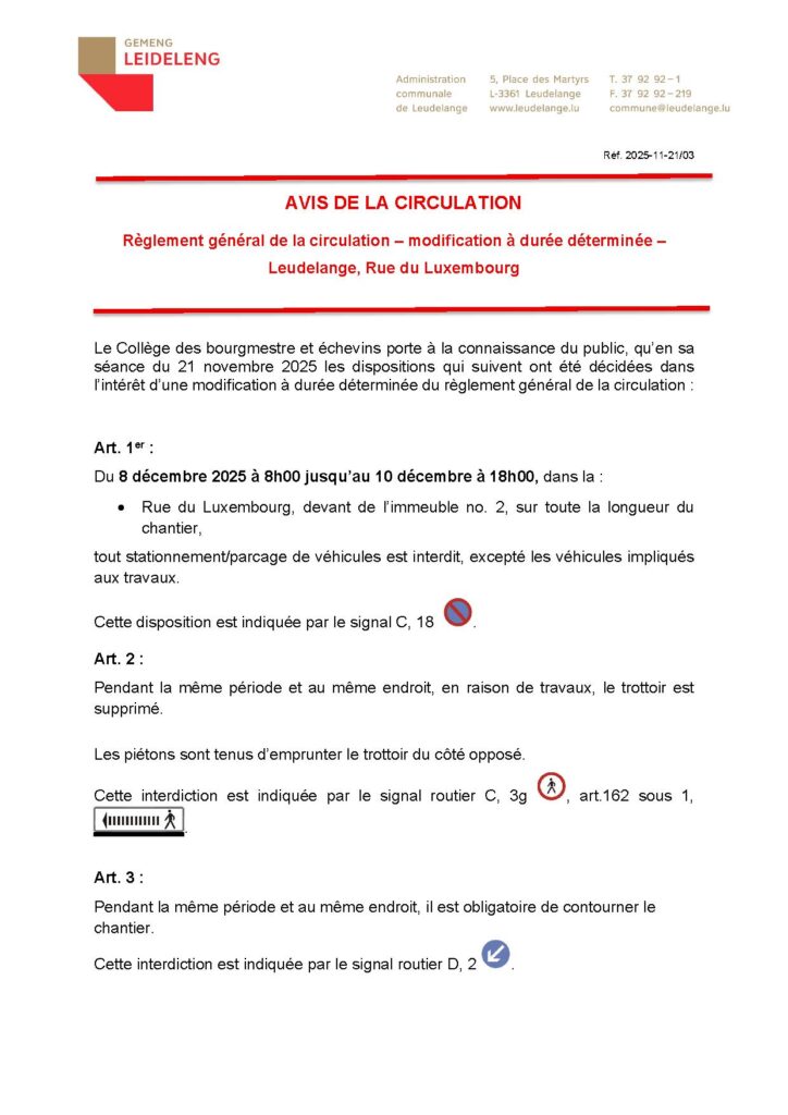 Avis de circulation Rue de Luxembourg