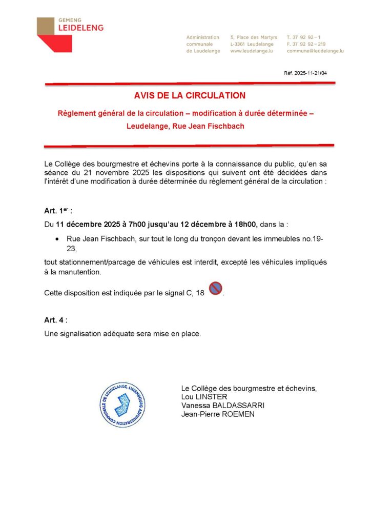 Avis de circulation Rue Jean Fischbach